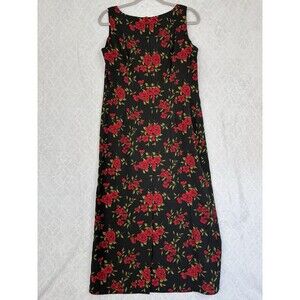 Vtg 90s Maxi Dress 10 Petite Black Red Floral Whimsigoth Grunge Rockabilly Y2K